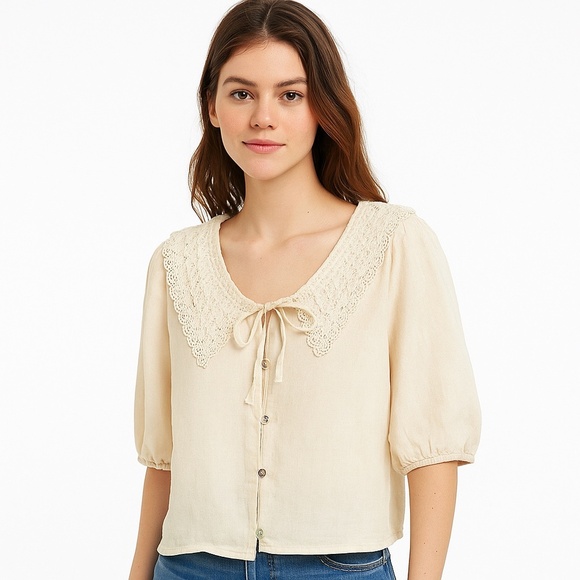 ALTER Linen WHITE LACE COLLAR Modest Blouse LAGENLOOK Cottage Core WOMENS M - Picture 1 of 9